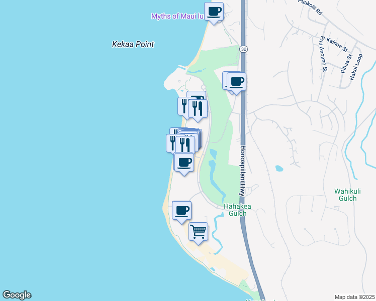 map of restaurants, bars, coffee shops, grocery stores, and more near 2481 Kaanapali Parkway in Lahaina