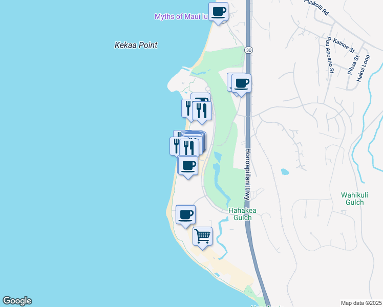 map of restaurants, bars, coffee shops, grocery stores, and more near 2481 Kaanapali Parkway in Lahaina