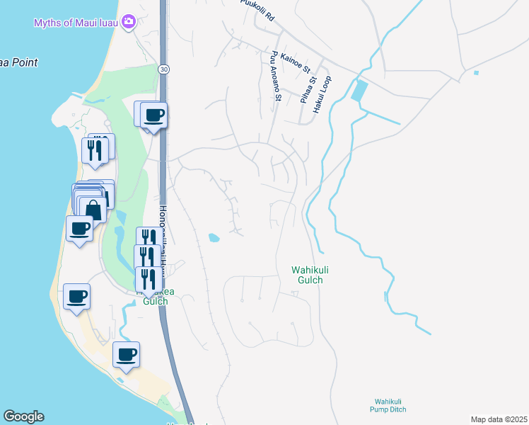 map of restaurants, bars, coffee shops, grocery stores, and more near 56 West Mahi Pua Place in Lahaina