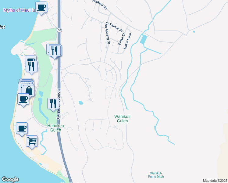 map of restaurants, bars, coffee shops, grocery stores, and more near 26 East Mahi Pua Place in Lahaina