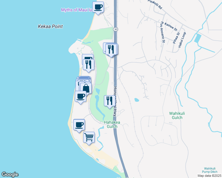 map of restaurants, bars, coffee shops, grocery stores, and more near 2560 Kekaa Drive in Lahaina