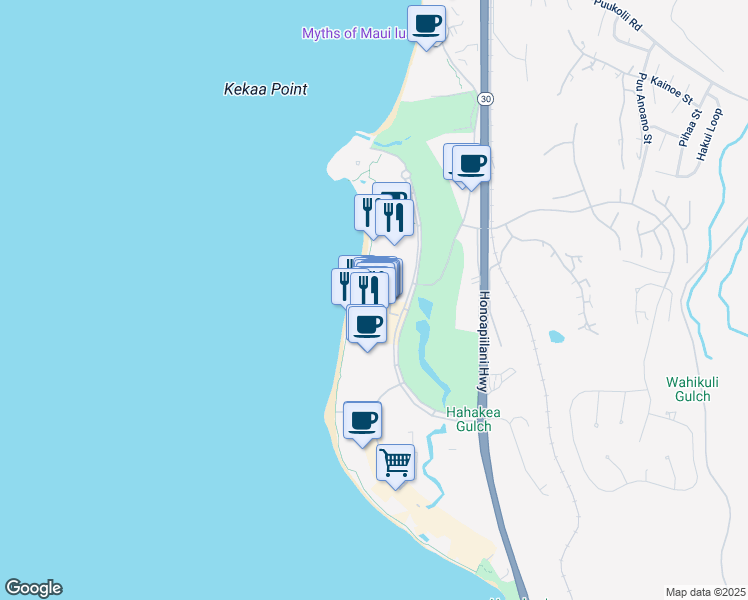 map of restaurants, bars, coffee shops, grocery stores, and more near 2481 Kaanapali Parkway in Lahaina