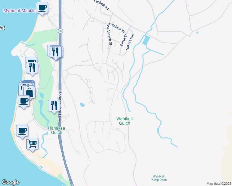 map of restaurants, bars, coffee shops, grocery stores, and more near 26 East Mahi Pua Place in Lahaina