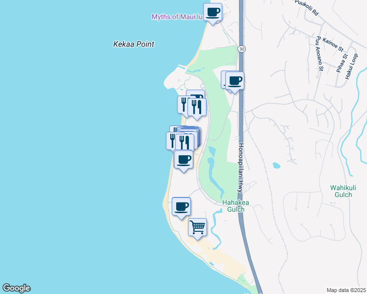 map of restaurants, bars, coffee shops, grocery stores, and more near 2481 Kaanapali Parkway in Lahaina