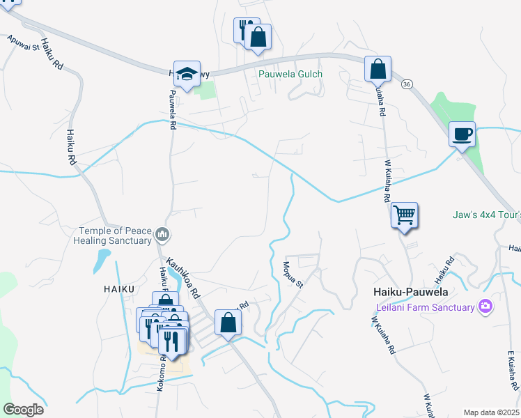 map of restaurants, bars, coffee shops, grocery stores, and more near 675 Kauaheahe Place in Haiku-Pauwela