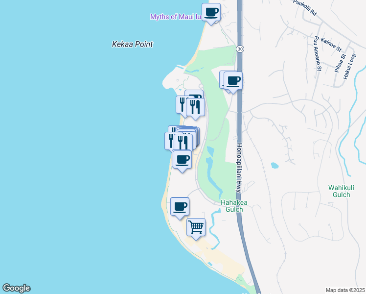 map of restaurants, bars, coffee shops, grocery stores, and more near 2481 Kaanapali Parkway in Lahaina