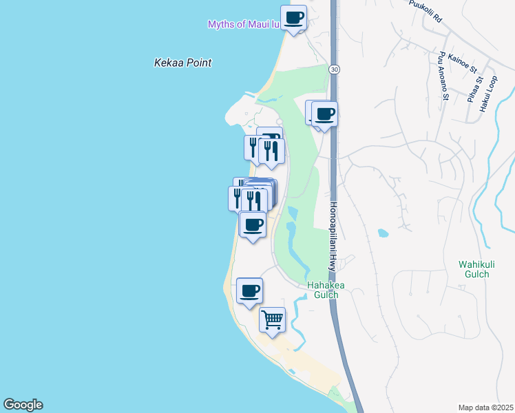 map of restaurants, bars, coffee shops, grocery stores, and more near 2481 Kaanapali Parkway in Lahaina