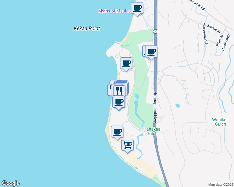 map of restaurants, bars, coffee shops, grocery stores, and more near 2481 Kaanapali Parkway in Lahaina