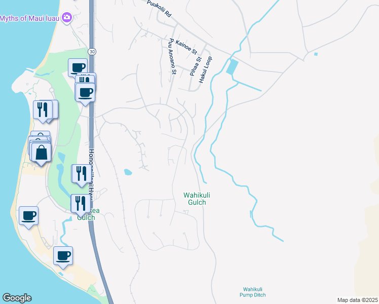 map of restaurants, bars, coffee shops, grocery stores, and more near 21 East Mahi Pua Place in Lahaina