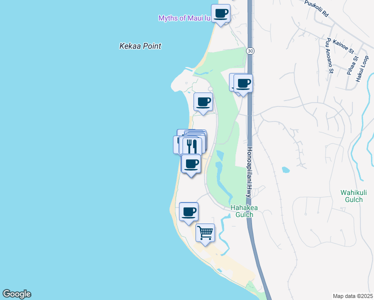 map of restaurants, bars, coffee shops, grocery stores, and more near 2481 Kaanapali Parkway in Lahaina