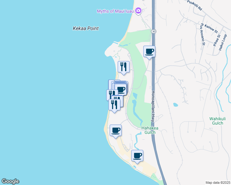 map of restaurants, bars, coffee shops, grocery stores, and more near 2481 Kaanapali Parkway in Lahaina