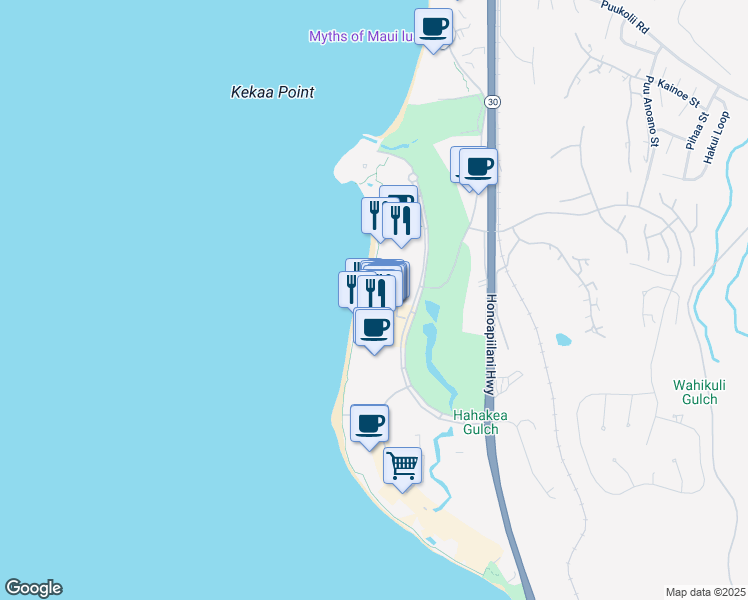 map of restaurants, bars, coffee shops, grocery stores, and more near 2481 Kaanapali Parkway in Lahaina