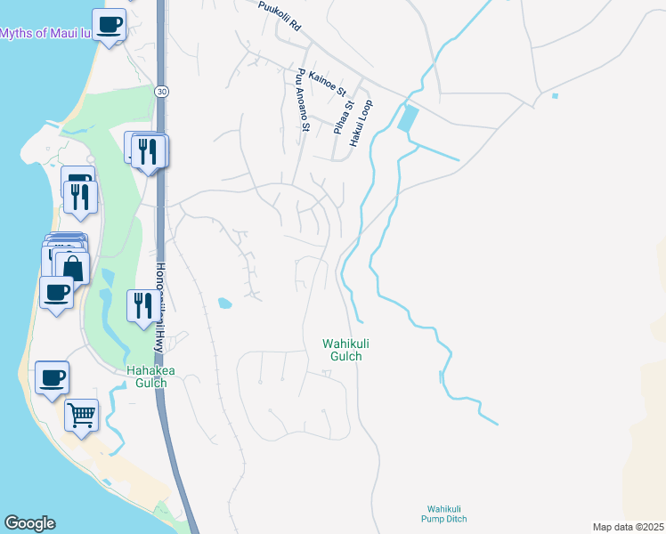 map of restaurants, bars, coffee shops, grocery stores, and more near 21 East Mahi Pua Place in Lahaina