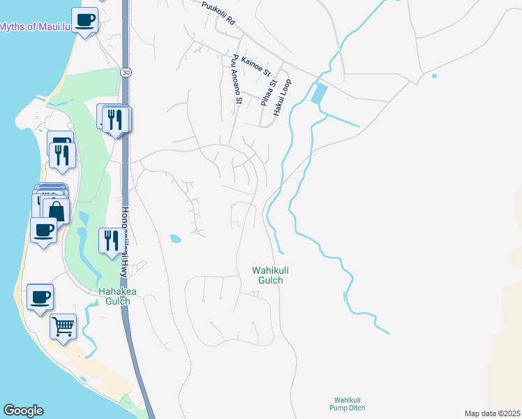 map of restaurants, bars, coffee shops, grocery stores, and more near 21 East Mahi Pua Place in Lahaina