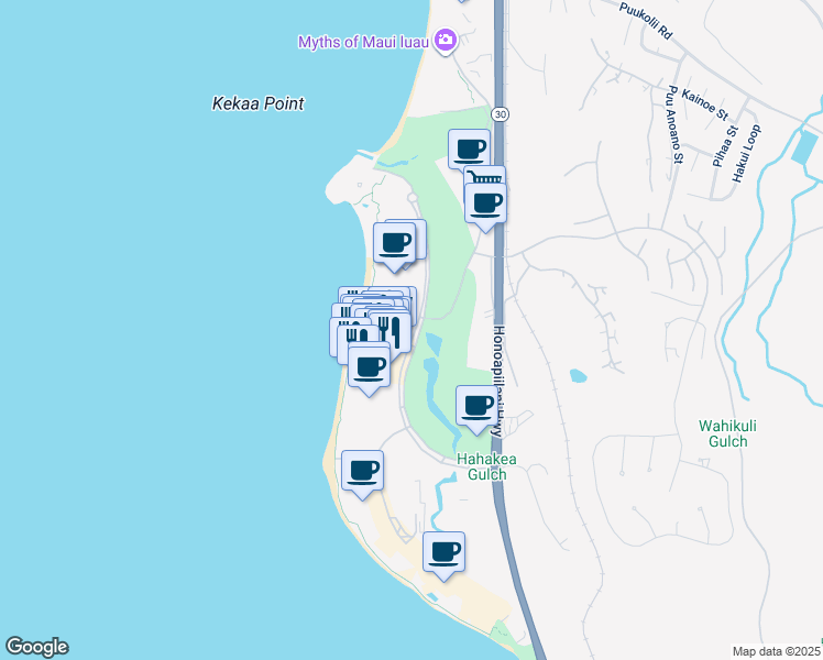 map of restaurants, bars, coffee shops, grocery stores, and more near 2481 Kaanapali Parkway in Lahaina
