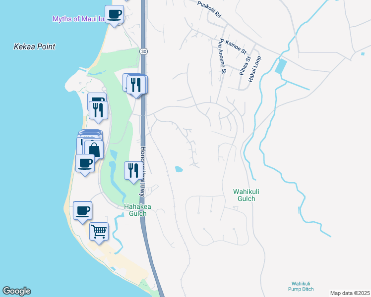map of restaurants, bars, coffee shops, grocery stores, and more near 122 Kualapa Place in Lahaina