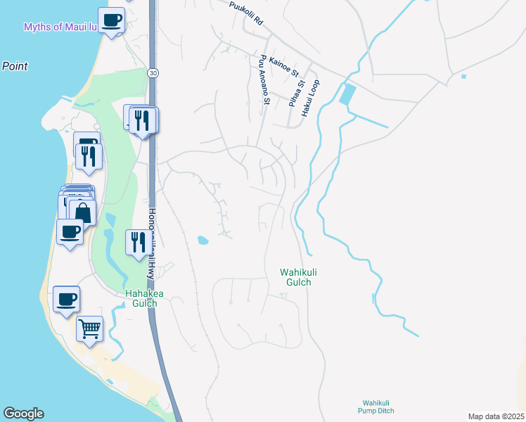 map of restaurants, bars, coffee shops, grocery stores, and more near 45 West Mahi Pua Place in Lahaina