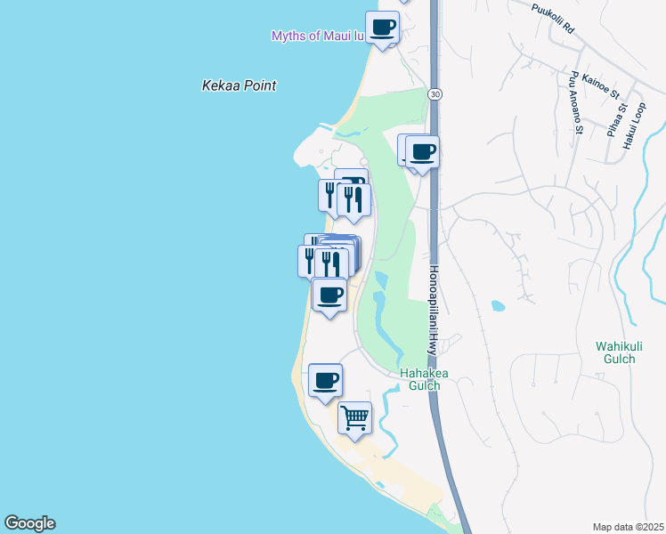 map of restaurants, bars, coffee shops, grocery stores, and more near 2481 Kaanapali Parkway in Lahaina