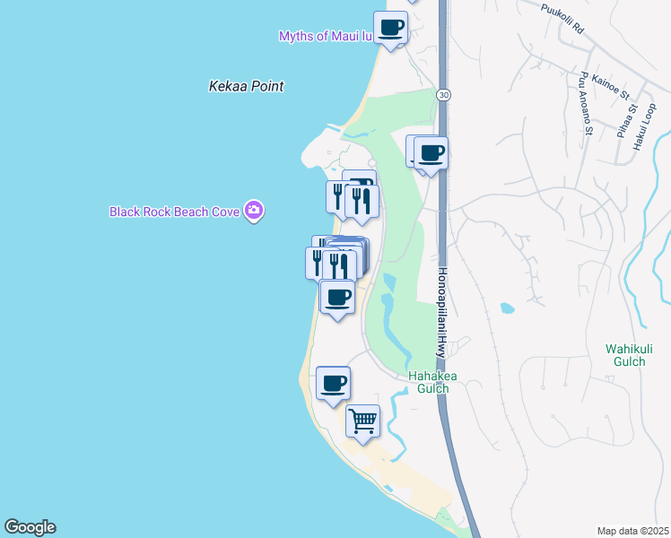 map of restaurants, bars, coffee shops, grocery stores, and more near 2481 Kaanapali Parkway in Lahaina