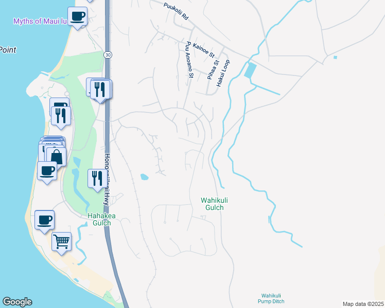map of restaurants, bars, coffee shops, grocery stores, and more near 23 West Mahi Pua Place in Lahaina