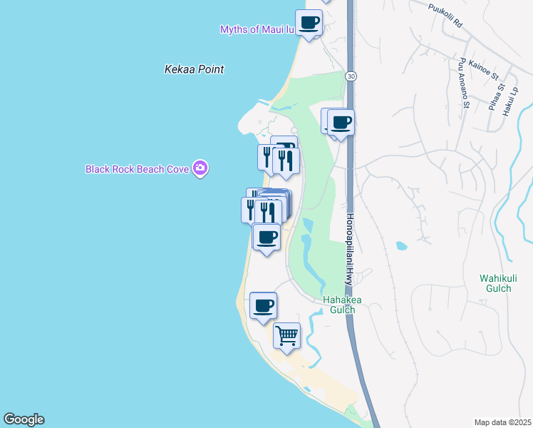 map of restaurants, bars, coffee shops, grocery stores, and more near 2481 Kaanapali Parkway in Lahaina