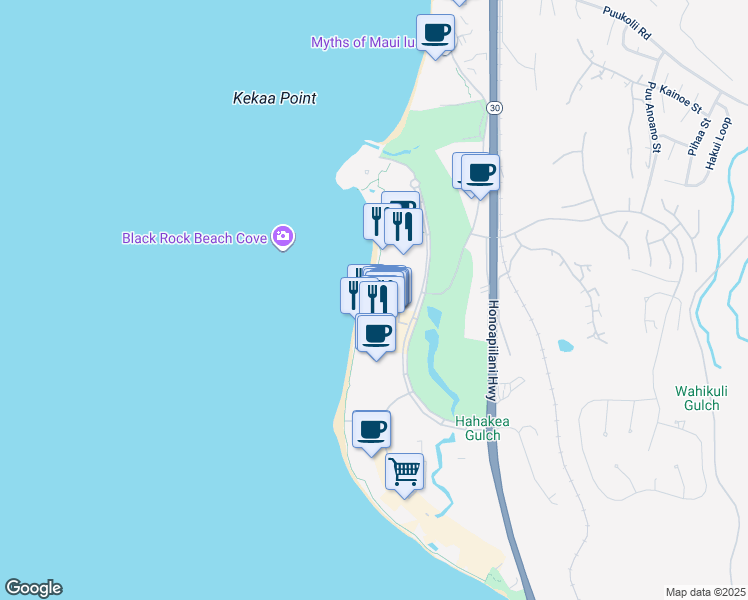 map of restaurants, bars, coffee shops, grocery stores, and more near 2481 Kaanapali Parkway in Lahaina