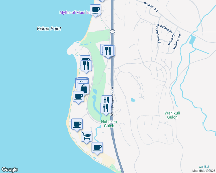 map of restaurants, bars, coffee shops, grocery stores, and more near 2560 Kekaa Drive in Lahaina
