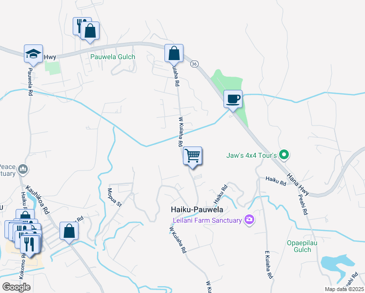 map of restaurants, bars, coffee shops, grocery stores, and more near 3203 Luahine Place in Haiku-Pauwela