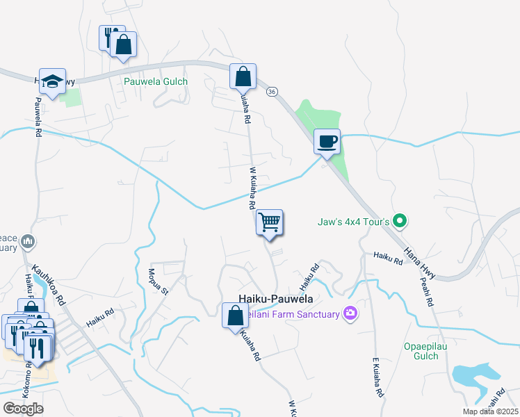 map of restaurants, bars, coffee shops, grocery stores, and more near 3217 Luahine Place in Haiku-Pauwela