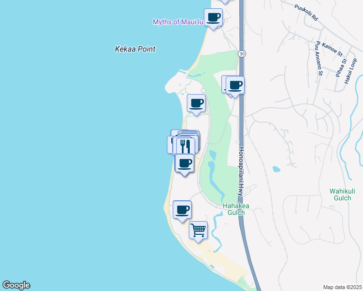map of restaurants, bars, coffee shops, grocery stores, and more near 2481 Kaanapali Parkway in Lahaina