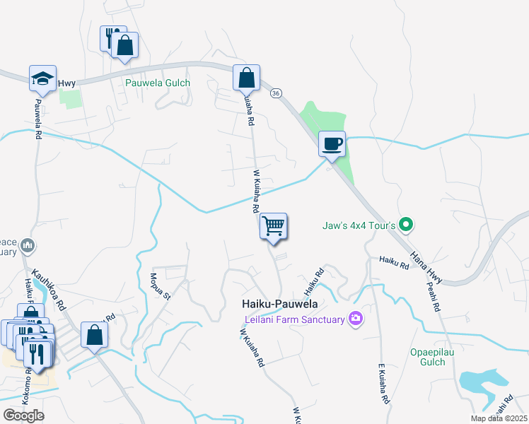 map of restaurants, bars, coffee shops, grocery stores, and more near 3217 Luahine Place in Haiku-Pauwela