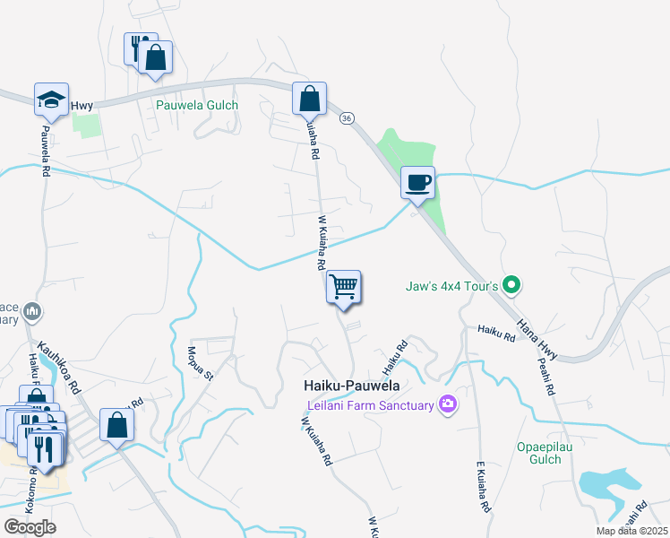 map of restaurants, bars, coffee shops, grocery stores, and more near 3221 Luahine Place in Haiku-Pauwela