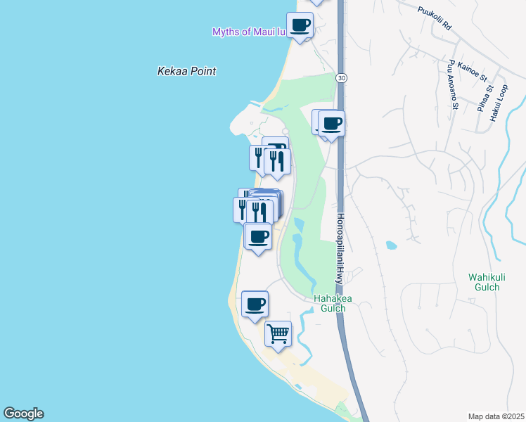 map of restaurants, bars, coffee shops, grocery stores, and more near 2481 Kaanapali Parkway in Lahaina