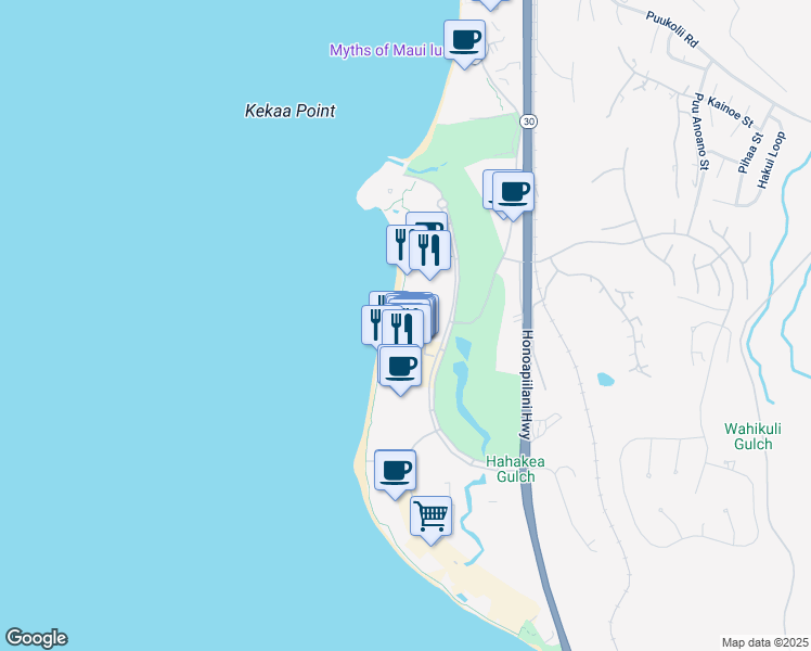 map of restaurants, bars, coffee shops, grocery stores, and more near 2481 Kaanapali Parkway in Lahaina