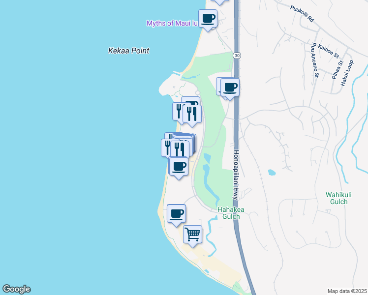 map of restaurants, bars, coffee shops, grocery stores, and more near 2481 Kaanapali Parkway in Lahaina