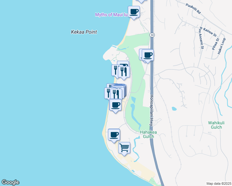 map of restaurants, bars, coffee shops, grocery stores, and more near 2481 Kaanapali Parkway in Lahaina