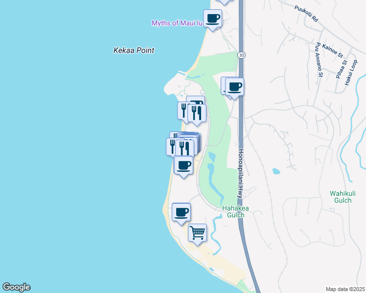 map of restaurants, bars, coffee shops, grocery stores, and more near 2481 Kaanapali Parkway in Lahaina