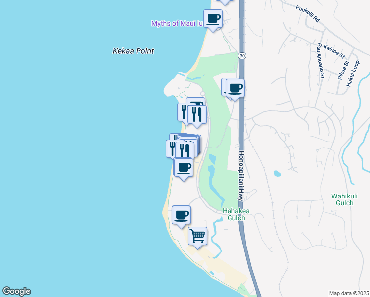 map of restaurants, bars, coffee shops, grocery stores, and more near 2481 Kaanapali Parkway in Lahaina