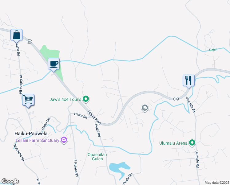 map of restaurants, bars, coffee shops, grocery stores, and more near 121 Oili Road in Haiku-Pauwela