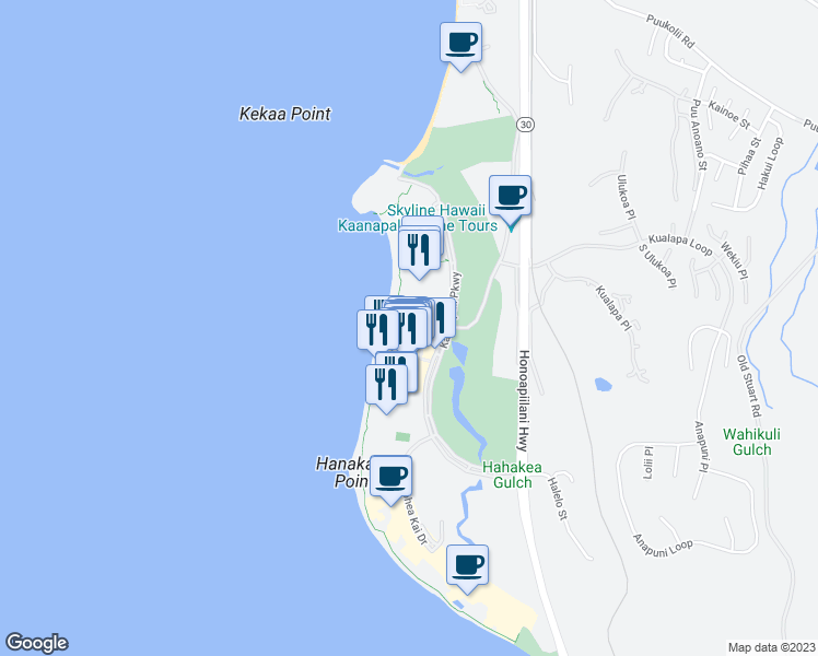 map of restaurants, bars, coffee shops, grocery stores, and more near 2481 Kaanapali Parkway in Lahaina