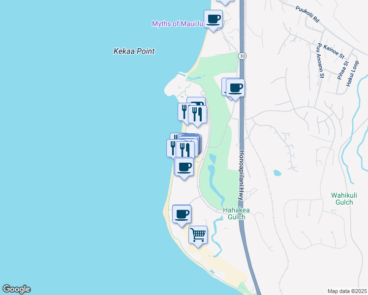 map of restaurants, bars, coffee shops, grocery stores, and more near 2481 Kaanapali Parkway in Lahaina