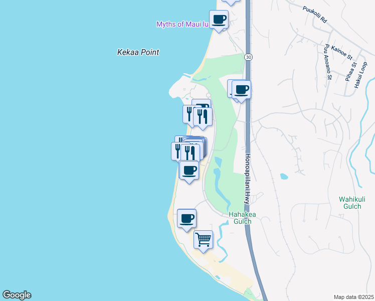 map of restaurants, bars, coffee shops, grocery stores, and more near 2481 Kaanapali Parkway in Lahaina