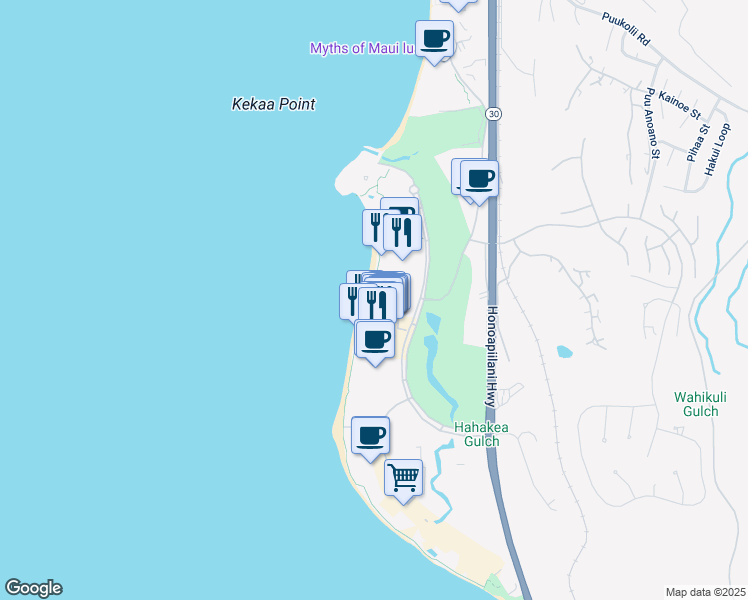 map of restaurants, bars, coffee shops, grocery stores, and more near 2481 Kaanapali Parkway in Lahaina