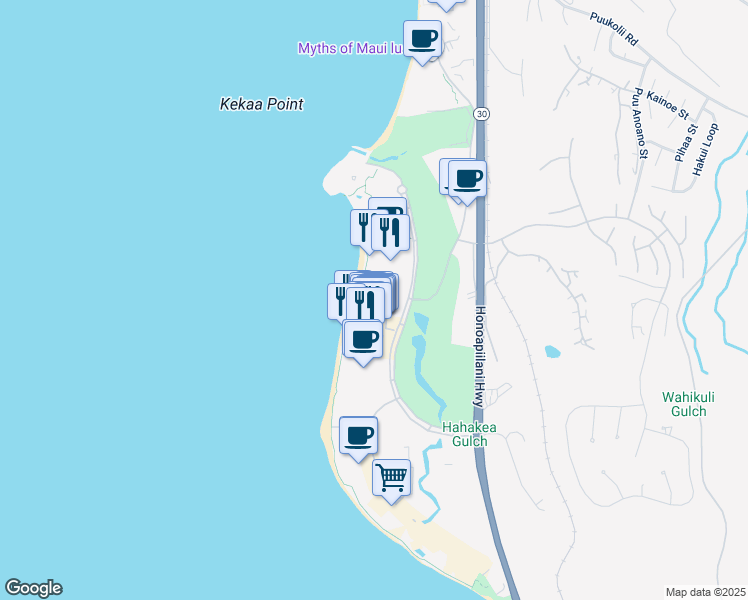 map of restaurants, bars, coffee shops, grocery stores, and more near 2481 Kaanapali Parkway in Lahaina