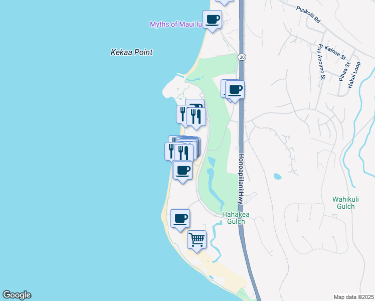 map of restaurants, bars, coffee shops, grocery stores, and more near 2481 Kaanapali Parkway in Lahaina