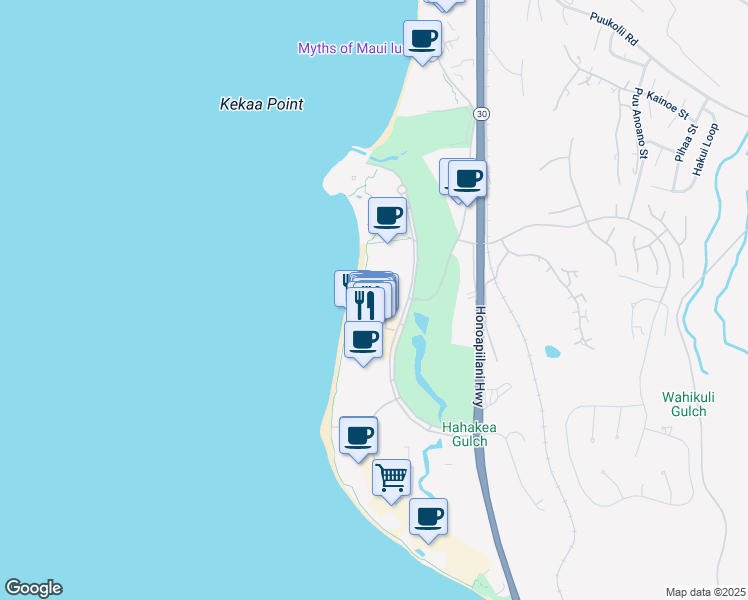 map of restaurants, bars, coffee shops, grocery stores, and more near 2481 Kaanapali Parkway in Lahaina