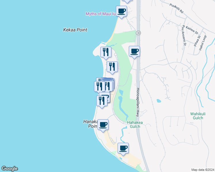 map of restaurants, bars, coffee shops, grocery stores, and more near 2435 Kaanapali Parkway in Lahaina
