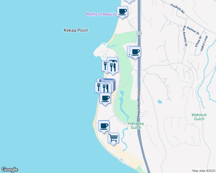 map of restaurants, bars, coffee shops, grocery stores, and more near 2481 Kaanapali Parkway in Lahaina