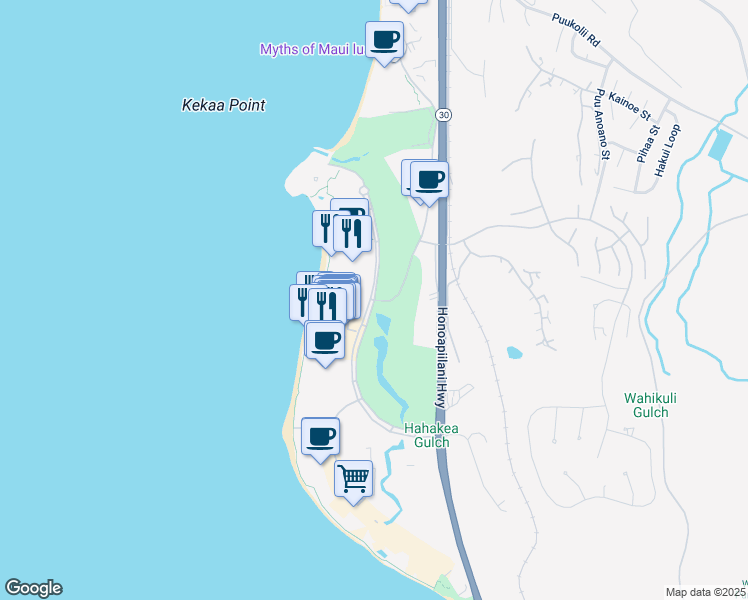 map of restaurants, bars, coffee shops, grocery stores, and more near Kaanapali Parkway in Kaanapali
