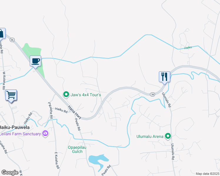 map of restaurants, bars, coffee shops, grocery stores, and more near 196 Oili Road in Haiku-Pauwela
